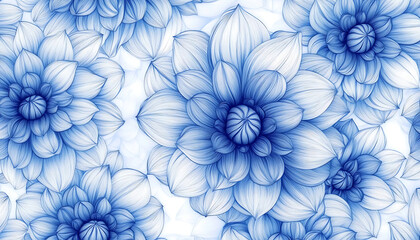 Floral Seamless Pattern With Hand-Drawn Dahlia Flower Line Art Background With Drawn Outline Foliage Natural Leaves Herbs Image