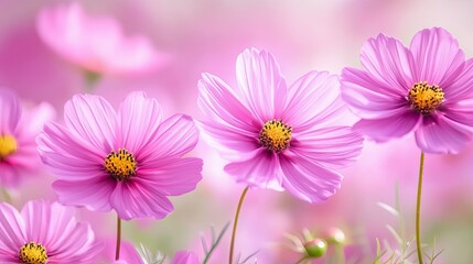 Fototapeta premium A vibrant display of pink cosmos flowers blooming in a soft, blurred background, creating a serene and cheerful atmosphere, perfect for nature-themed projects or floral designs