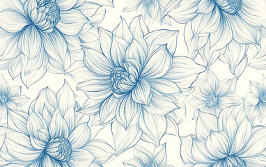Floral Seamless Pattern With Hand-Drawn Dahlia Flower Line Art Background With Drawn Outline Foliage Natural Leaves Herbs Image