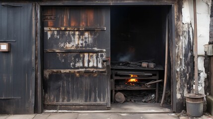 Rustic Blacksmith's Forge with Open Door and Burning Fire