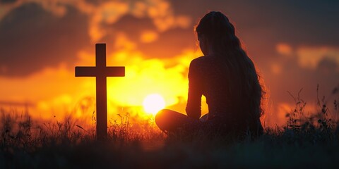 ai generated image of a woman praying in front of a cross