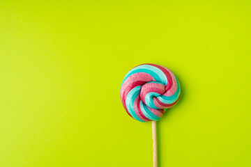 Color lollipop, spiral candy on stick, colorful striped lollypop, round fruit caramel, circle...
