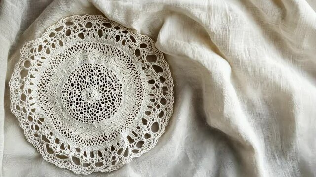 A delicate lace doily placed on a soft linen cloth with space for text
