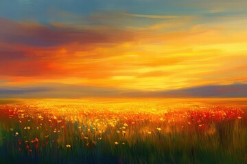 abstract soft focus sunset field landscape of yellow flowers and grass meadow warm golden hour sunset sunrise time