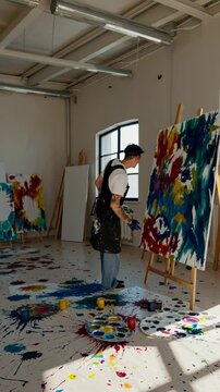 Aerial view of an artist painting a colorful abstract canvas in a sunlit studio, with splattered paint on the floor, resembling a video scene.