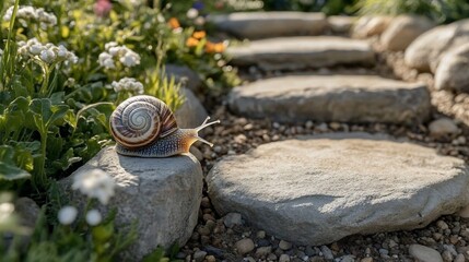 Snail crawling stone path, garden flowers, sunlight
