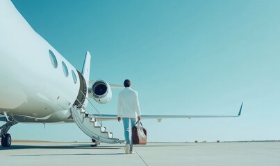 A private plane or jet with the lowered stairs stands at an empty airport, a person with a bag walking toward the plane, a traveler, epic luxury air transport, AI generated