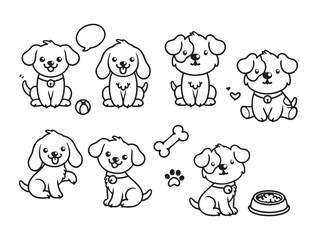Set of cute dogs in various poses with hand-drawn vector illustrations. Doodle line art style, isolated and easy to use for creative projects and designs.