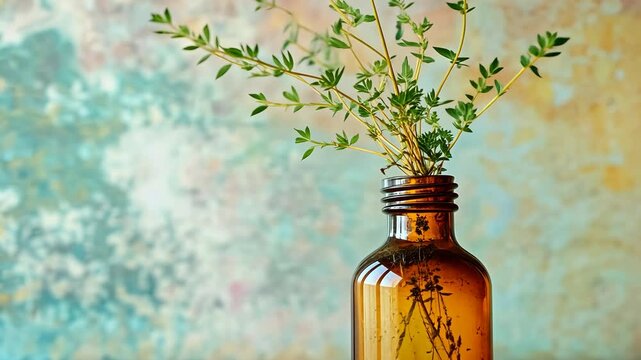 A delicate sprig of thyme displayed in a small vintage bottle, styled on a pastel backdrop