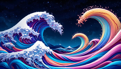 Whimsical Ocean Energy: Bright, Flowing Waves in Surreal Hues
