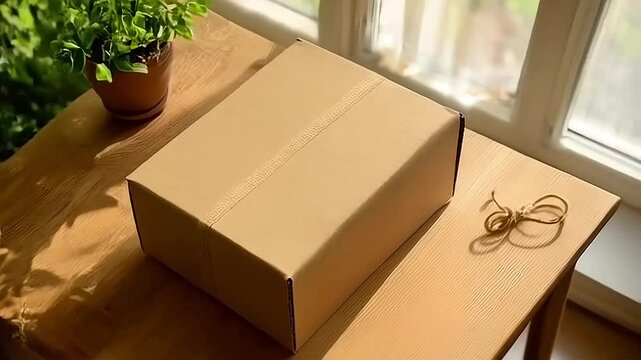 Unpacking Cardboard Box on Wooden Table Next to Indoor Plant Still Life