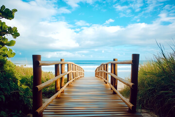 Obraz premium Wooden bridge leading to the beautiful sea in a sunny day, inviting viewers to explore and relax in a serene, coastal paradise.