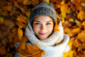 Young woman smiling among vibrant autumn leaves wearing a knitted hat and cozy scarf, capturing the essence of seasonal charm and natural beauty