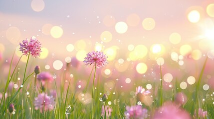 Fototapeta premium Pink flowers sunrise meadow bokeh background, nature spring scene, card design