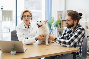 Professional female veterinarian checks healthy white dog at modern clinic with young male owner observing. Scene emphasizes care, trust, animal health. Models include young adult male, young female.