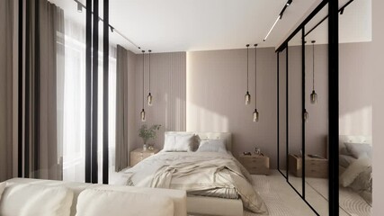 A beautifully designed modern studio apartment with glass partitions, warm lighting, and elegant minimalist decor, perfect for interior design concepts.