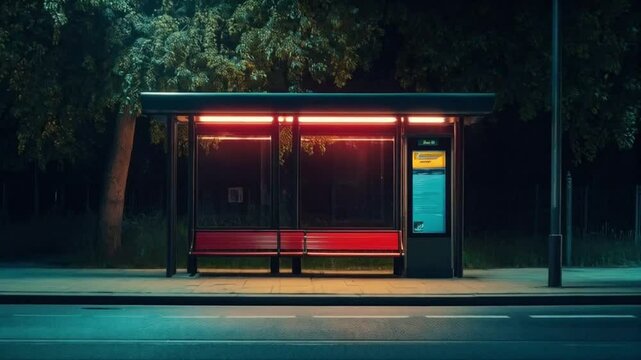 The view of the bus stop was striking, illuminated by a bright red light that cast a warm glow on the surrounding area, creating a cozy atmosphere as evening approached.