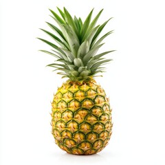 Fototapeta premium Fresh pineapple with a vibrant green crown on a bright white background.
