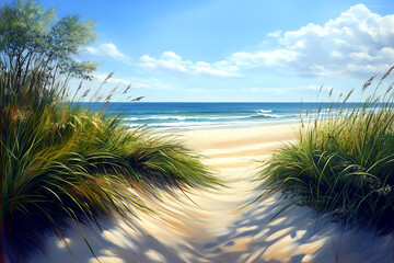 Pathway to a serene sandy beach leading towards the clear blue ocean under a bright sunny sky, a moment of pure tranquility and vacation