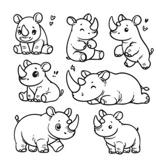 Set of cute rhino in various poses with hand-drawn vector illustrations. Doodle line art style, isolated and easy to use for creative projects and designs.