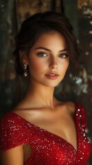 Fototapeta premium Elegant young woman with natural beauty wearing a glittering red dress, showcasing exquisite facial features and radiant eyes in a soft focused portrait setting