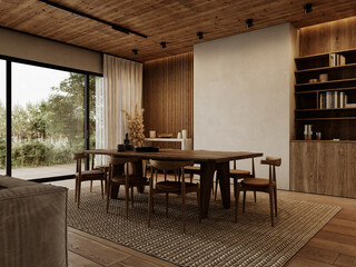 Contemporary loft interior with dining table, chairs, wood panels and ceiling, carpet and decor. 3d render illustration mockup.