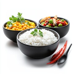 Delicious bowls of rice and vibrant vegetable dishes adorned with fresh herbs.