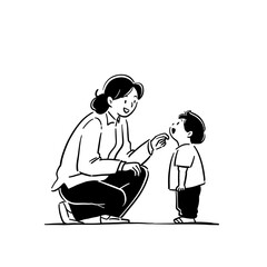 A mother kneels down to comfort her child with a loving gesture