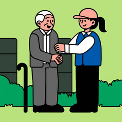 This image depicts an interaction between different generations, where a younger individual gives something to an older individual.