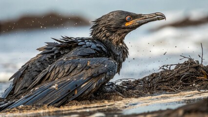 A bird covered in oil sits motionless, struggling to move. The thick black layer on its feathers symbolizes the destructive effects of environmental pollution.