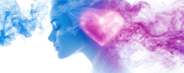 A woman's face is shown with a heart in her ear and smoke in the background. Concept of spirituality and inner peace