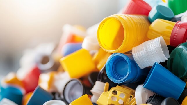 Colorful plastic bottle caps piled together in a bright and cluttered display showcasing environmental concern and recycling efforts