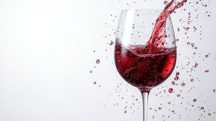 A stylish wine glass icon with a splash of red wine pouring into it, surrounded by subtle bubbles, symbolizing beverages in a fine dining setting, on a transparent white PNG background 