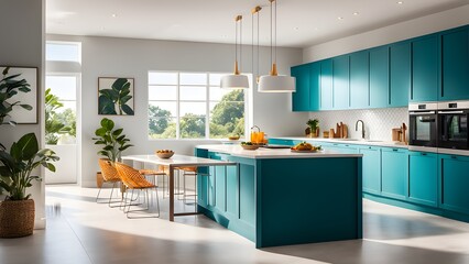 Bright, modern kitchen teal cabinetry, island, natural light streaming through large windows.