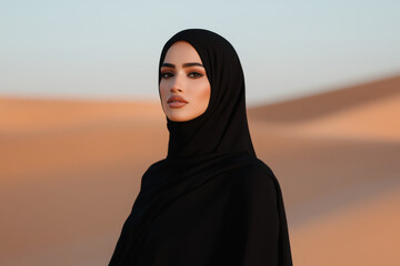 Muslim woman wearing black abaya in desert landscape