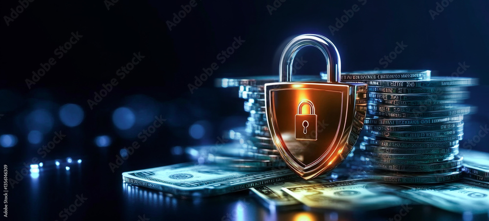 Poster A shield and padlock symbolizing security are set against a backdrop of stacked coins and banknotes, illustrating the importance of financial privacy in today's banking environment.