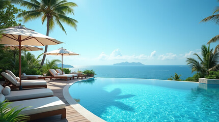 A luxurious infinity pool blending with the ocean, surrounded by sun loungers, umbrellas, and tropical plants, offering a perfect summer getaway in paradise.

