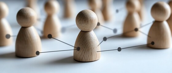 Obraz premium Wooden figures linked in a network on a white surface, representing human resources strategy, team building, and effective organizational management