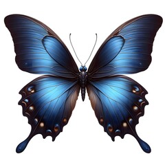 A dark blue flying butterfly isolated on white background 