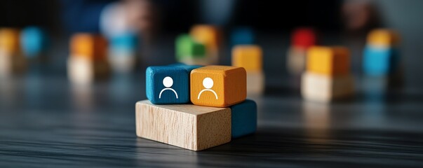 Fototapeta premium Wooden block with customer focus group icon, surrounded by glowing human avatars, linked by colorful lines, emphasizing feedback loops and collaboration in HR strategies, 8K render