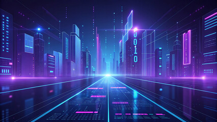 Futuristic cyberpunk cityscape with digital binary code