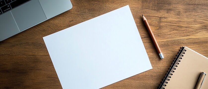 Topdown view of blank white vertical resume paper on a wooden desk, with a pencil, notebook, and laptop nearby, showcasing job application and business CV mockup ideas
