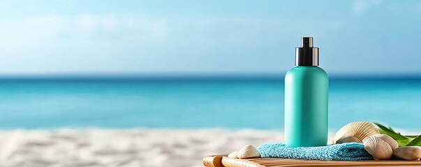Sun cream bottle mockup resting on a beach chair with a towel, surrounded by seashells and the ocean, representing sun protection and beach lifestyle