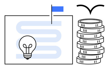 Lightbulb on pathway signifying ideas and goals with flag marking success, coins for profit, bird for freedom. Ideal for business, finance, innovation, strategy, entrepreneurship, aspiration