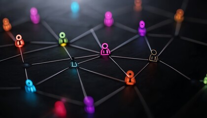 Stylized infographic of humanshaped icons connected by curved neon pathways, representing corporate collaboration and HR innovation, modern UIUX design, ultraHD