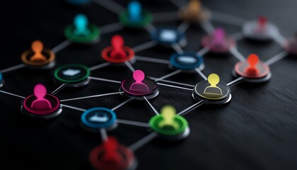 Stylized infographic of humanshaped icons connected by curved neon pathways, representing corporate collaboration and HR innovation, modern UIUX design, ultraHD