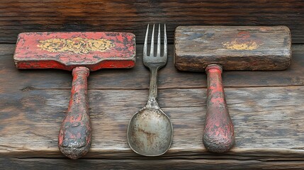 Antique mallets and spoon on wood.
