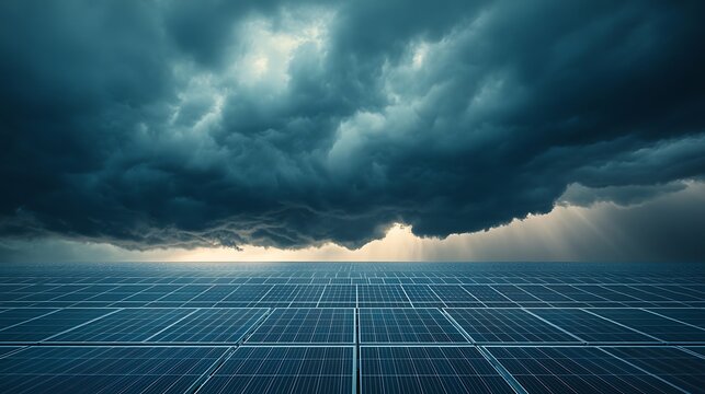 A massive solar farm under an approaching thunderstorm, dark storm clouds rolling in, dramatic contrast between bright reflective solar panels and the ominous sky, cinematic lighting, ultra-HD,