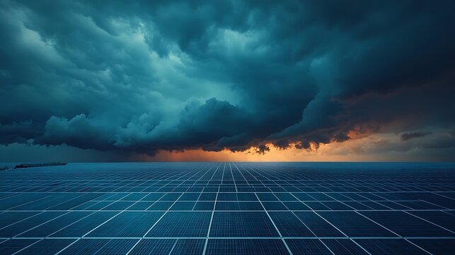 A massive solar farm under an approaching thunderstorm, dark storm clouds rolling in, dramatic contrast between bright reflective solar panels and the ominous sky, cinematic lighting, ultra-HD,