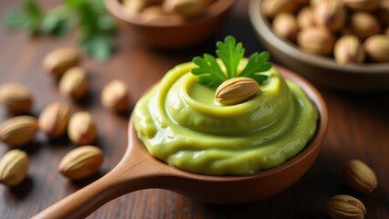 Creamy pistachio paste served on a wooden spoon with parsley and whole pistachios on rustic table background. Natural food, organic ingredients, vegan concept.